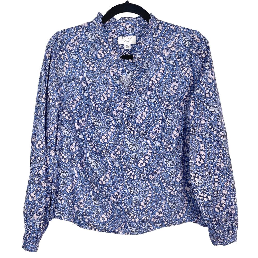 JCrew Women XS Blue Purple Button Front Ruffleneck Popover Liberty Bourton Bloom